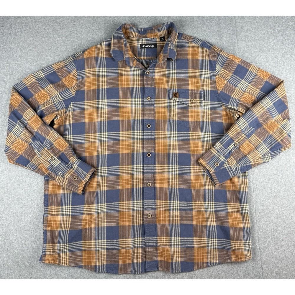 Solaris Men's XL Plaid Button Up Shirt Blue Brown Cotton Outdoor Hiking Casual
